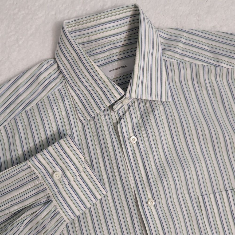 Ermenegildo Zegna Mens Dress Shirt‎ 16-41 Blue Green White Stripe Made In Spain